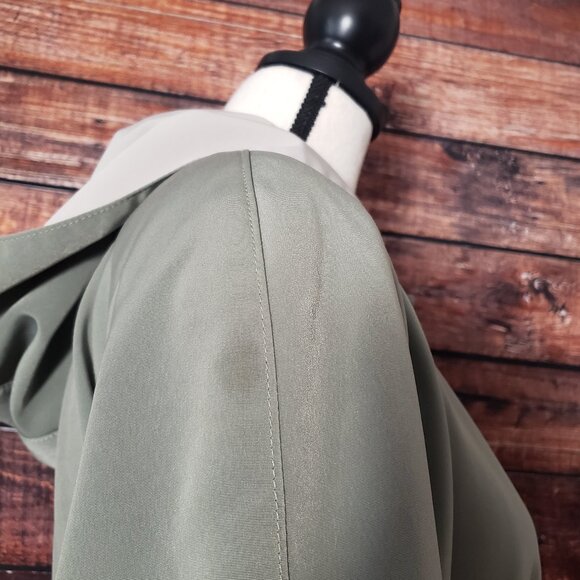American Bazaar Vintage Coat Jacket L Long Hooded Belted Olive Green Pockets - Picture 12 of 13